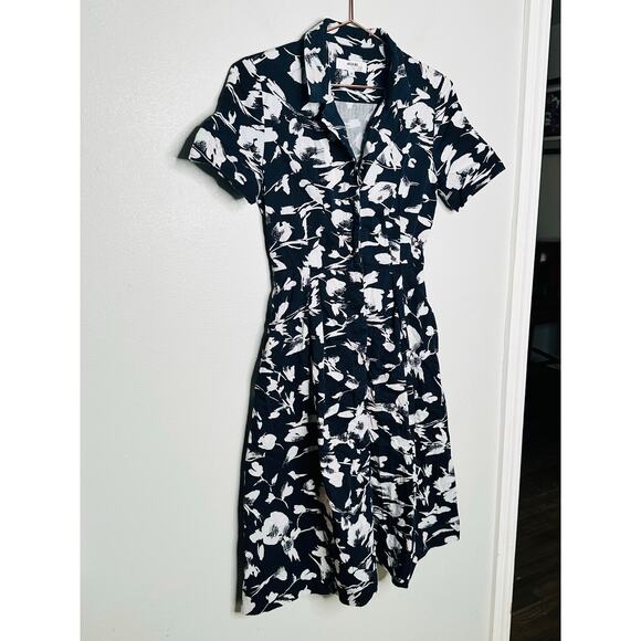 JASON WU Black White Brushstroke Floral 100% Cotton Button Placket Dress Size 2 - Picture 7 of 13